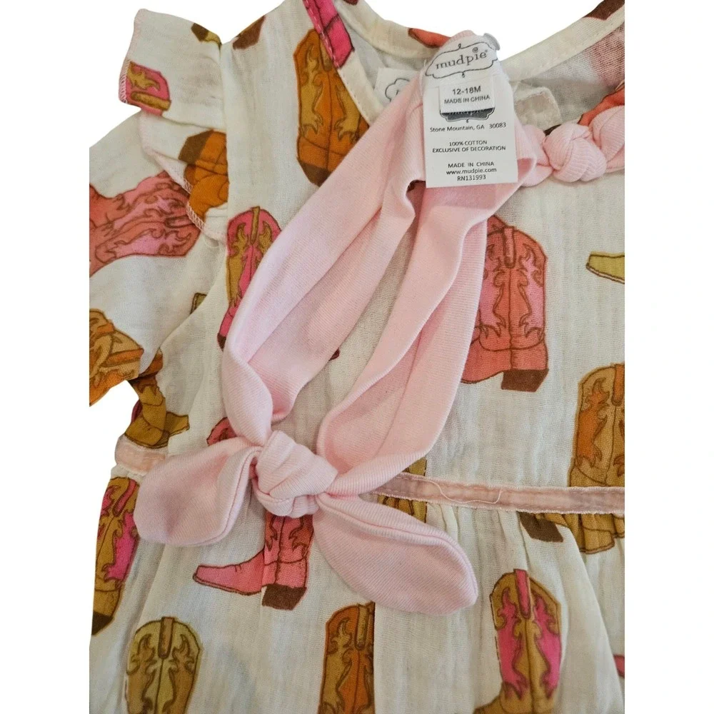 Mud Pie Cowboy Boot Romper Kids 12-18M Pink Cream NEW Muslin One-Piece Headband - Picture 4 of 6